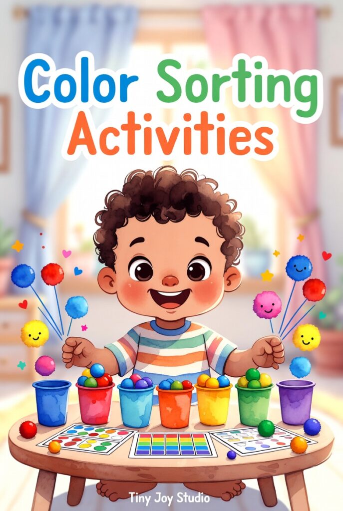 Color Sorting Activities for Toddlers. Happy little boy sorting colorful pom-poms into matching colored cups. Fun educational activity developing color recognition, fine motor skills and concentration. Printable color sorting worksheets from Tiny Joy Studio.