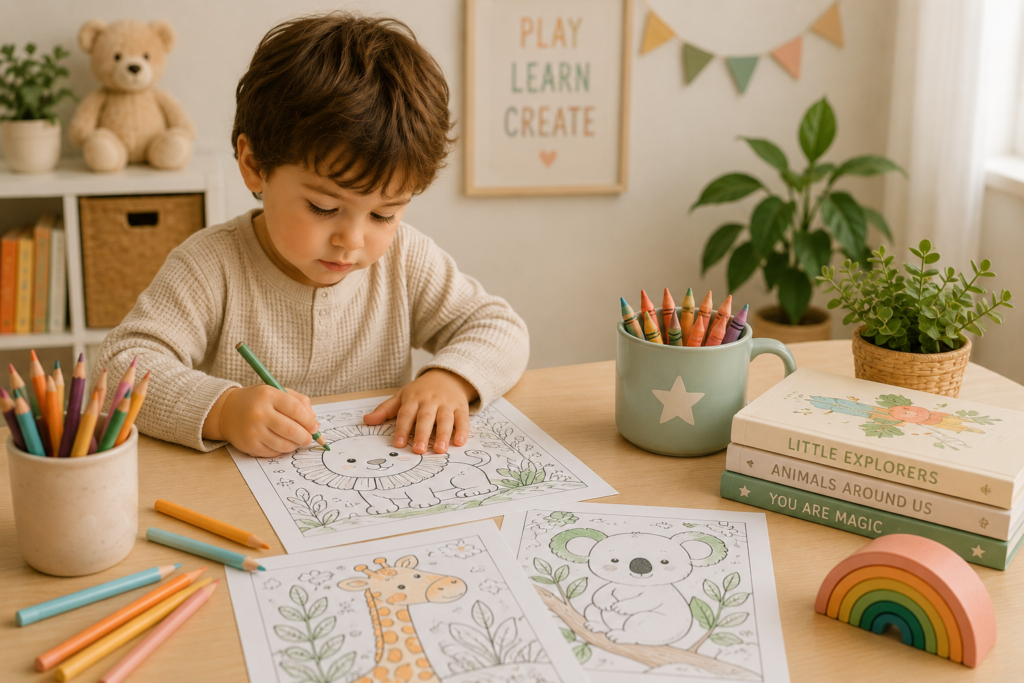 child enjoying printable animal coloring activity