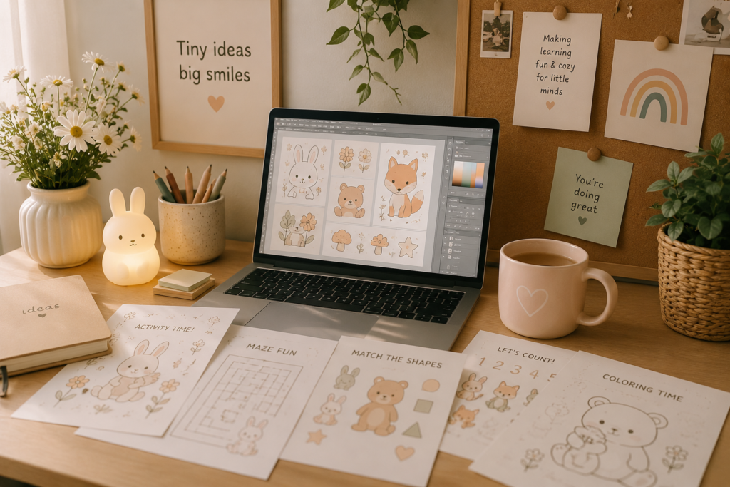 cozy printable activity design workspace with cute kids learning pages