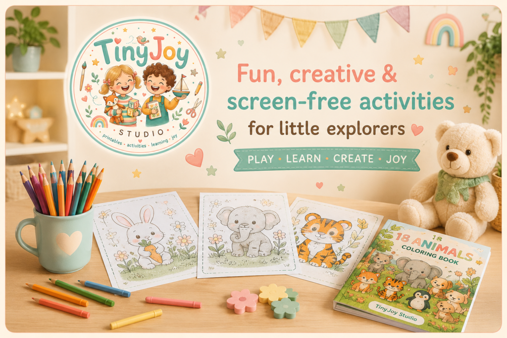 Cute pastel kids activity workspace by TinyJoy Studio featuring printable animal coloring pages, crayons, cozy learning decor, and a screen-free creative activities theme for preschool children.