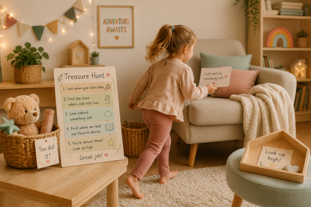 Cozy indoor treasure hunt activity for kids featuring a child following playful clues around the house in a warm, screen-free family learning environment.