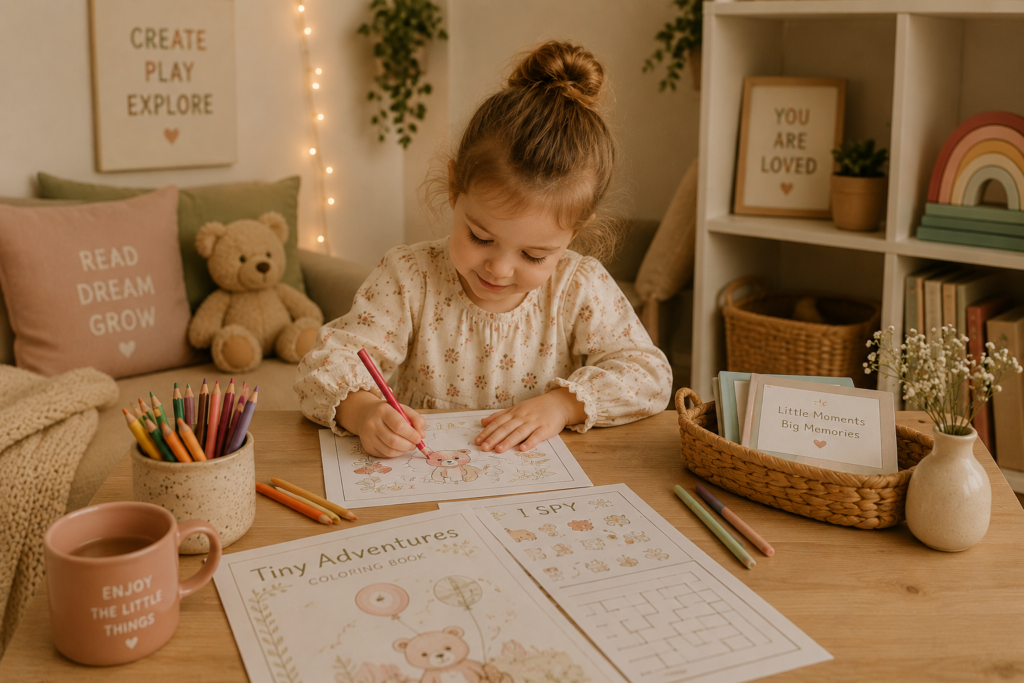 Cozy screen-free activity setup for kids with printable coloring pages, crayons, and a child coloring at a wooden table in a warm pastel playroom.
