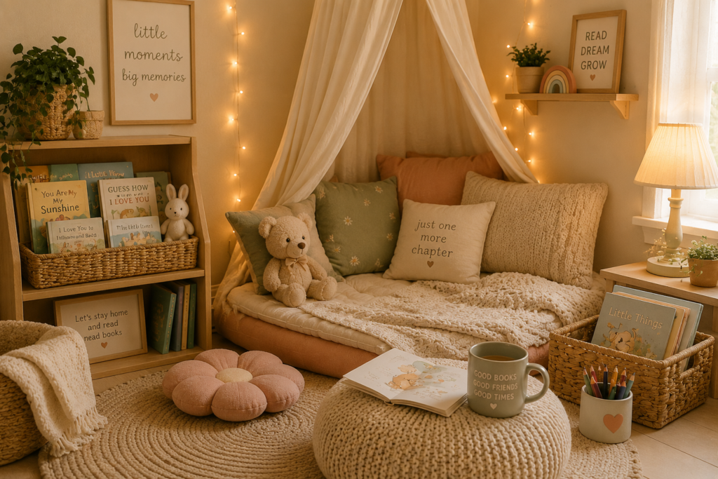 Cozy reading corner for kids with soft pillows, fairy lights, children’s books, stuffed animals, and a warm pastel playroom atmosphere designed for quiet screen-free time.
