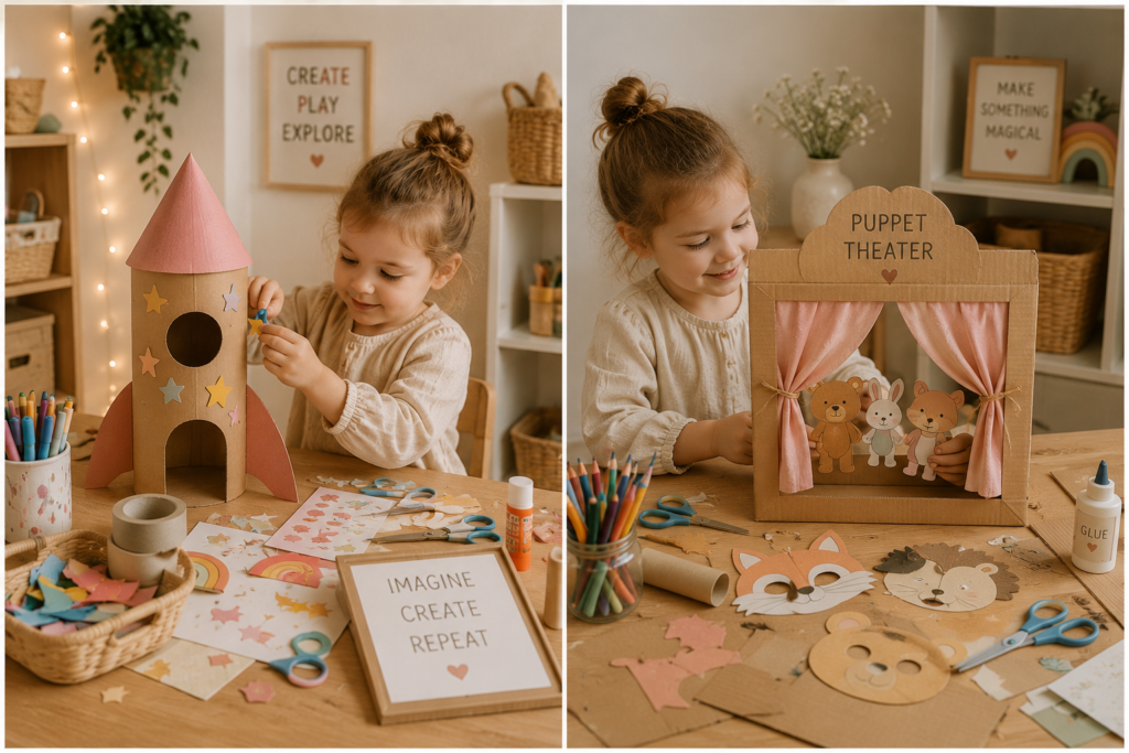 DIY kids craft activities using cardboard, paper, scissors, and creative supplies, featuring a child making a rocket craft and homemade puppet theater in a cozy pastel playroom.