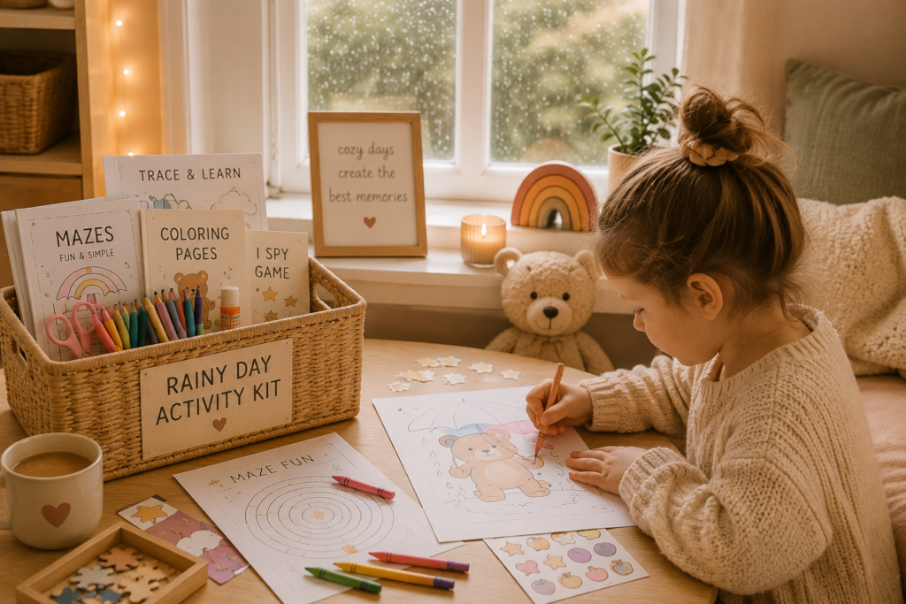 Child using a cozy rainy day activity kit with printable coloring pages, puzzles, crayons, and creative learning games near a window on a rainy afternoon.