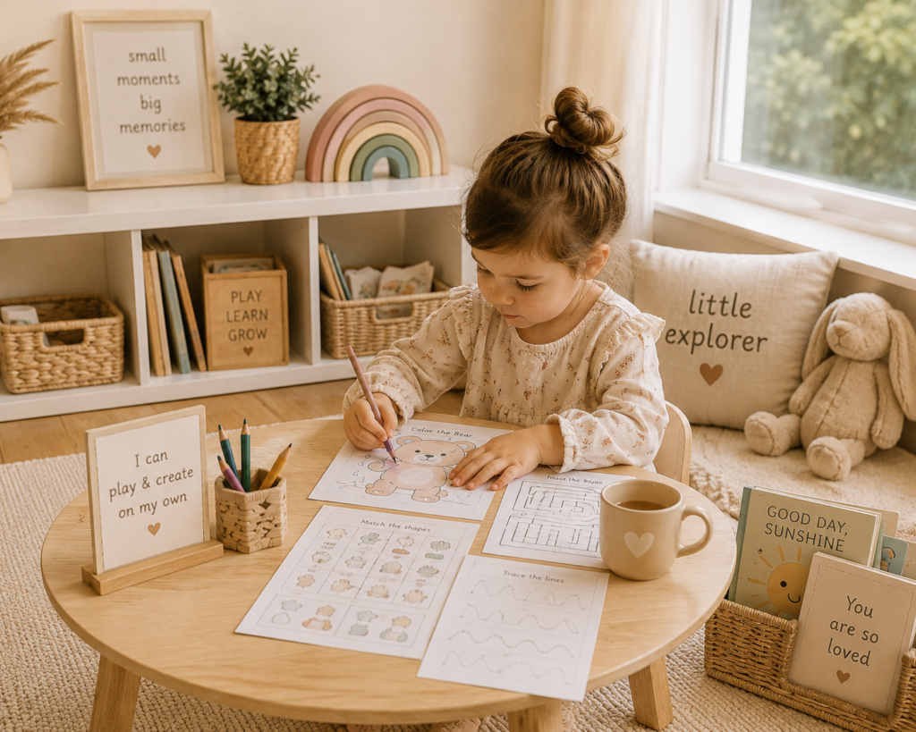 Child enjoying independent play in a cozy Montessori-inspired playroom with printable activities, coloring pages, books, and creative learning materials on a small wooden table.
