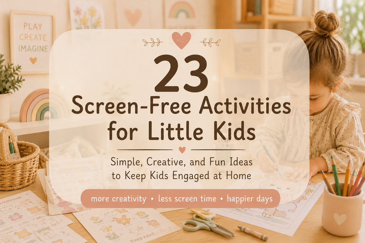 Cozy pastel article cover showing a child doing creative screen-free activities at home with printable worksheets, crayons, and crafts, featuring the title “23 Screen-Free Activities for Little Kids.”