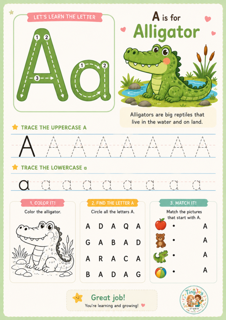 Alphabet tracing worksheet for the letter A featuring a cute animal illustration and fun preschool learning activities for kids.
