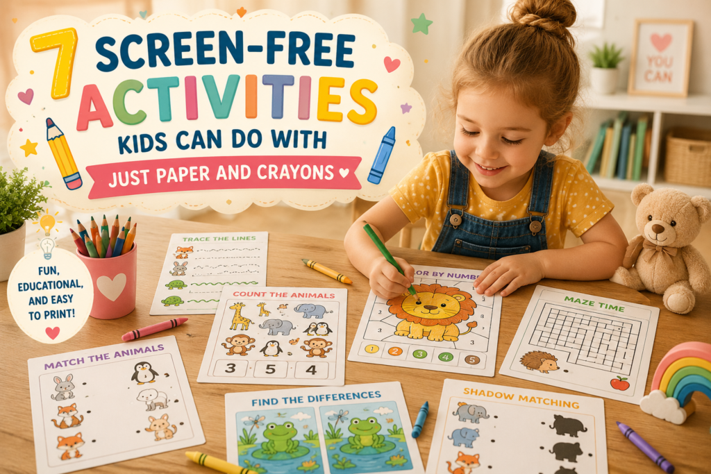 Happy preschool girl enjoying fun screen-free printable activities at home with crayons, mazes, tracing worksheets, counting games, and coloring pages in a cozy learning space.
