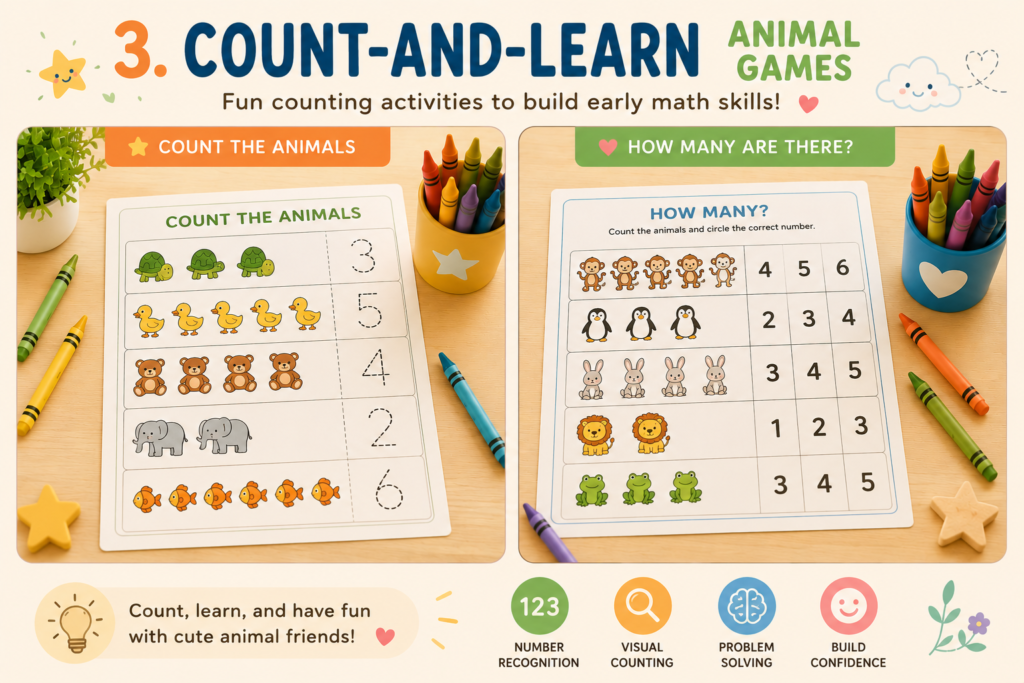 Printable counting worksheets for preschool kids featuring cute animal counting games, number recognition activities, and beginner-friendly math exercises designed to build early learning and problem-solving skills.