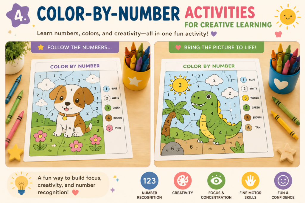Printable color-by-number worksheets for preschool kids featuring cute animals, simple number recognition activities, and creative coloring pages designed to build focus, fine motor skills, and early learning confidence.