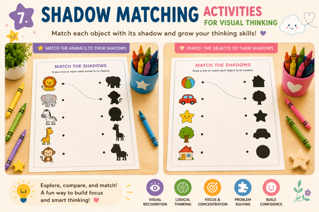 Printable shadow matching worksheets for preschool kids featuring cute animal shadow games, object matching activities, and beginner-friendly visual thinking exercises designed to build focus, observation, and logical thinking skills.