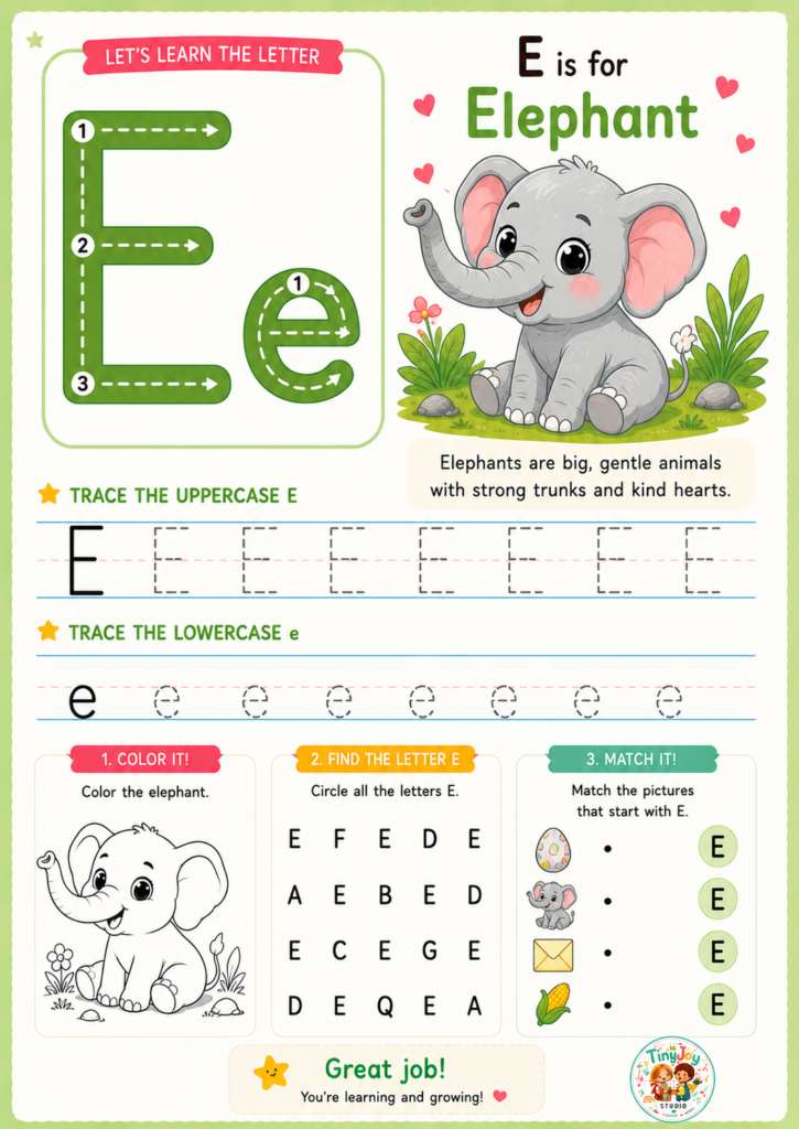 Alphabet tracing worksheet for the letter E featuring a cute animal illustration and fun preschool learning activities for kids.
