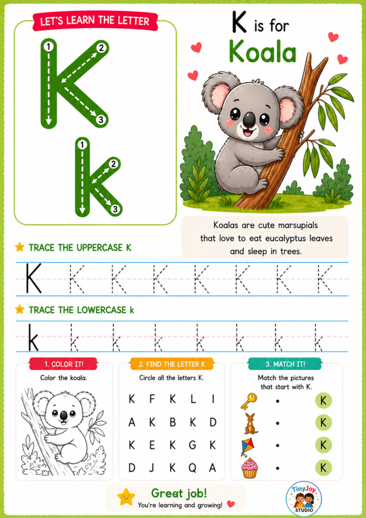 Alphabet tracing worksheet for the letter K featuring a cute animal illustration and fun preschool learning activities for kids.