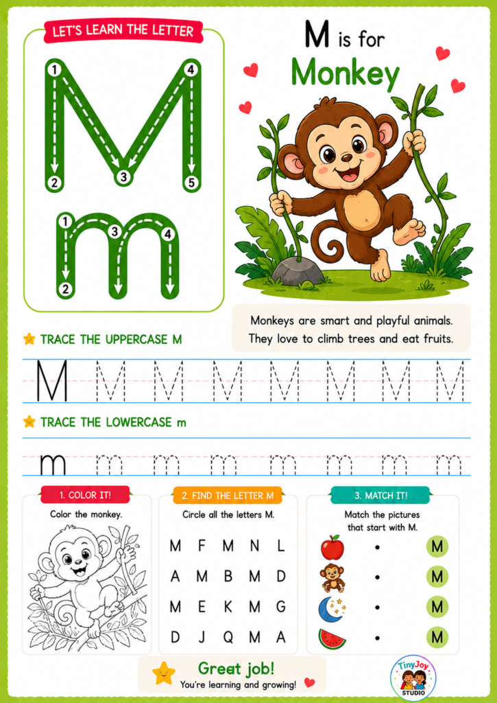 Letter M Activity Page for Kids - M is for Monkey. Printable alphabet worksheet with tracing uppercase and lowercase M, coloring page, find the letter activity and matching game. Fun educational page from Tiny Joy Studio for preschool and kindergarten.