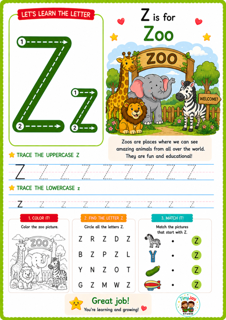 Alphabet tracing worksheet for the letter Z featuring a cute animal illustration and fun preschool learning activities for kids.