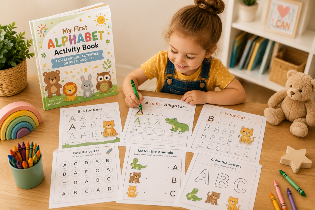 Preschool girl practicing alphabet tracing activities with printable animal worksheets, crayons, and educational learning pages in a cozy screen-free learning setup.
