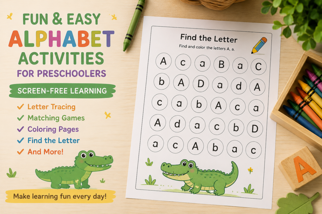 Printable preschool “Find the Letter” activity worksheet with colorful alphabet learning elements, crayons, and cute alligator illustrations in a playful screen-free learning setup.
