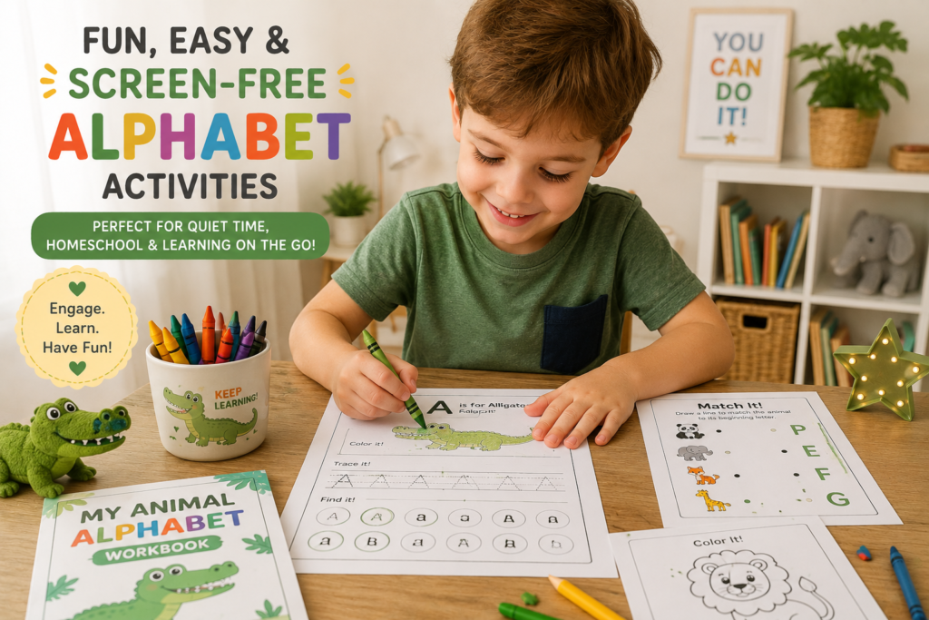 Young boy enjoying printable alphabet learning activities with animal worksheets, crayons, and screen-free preschool educational games in a cozy homeschool setup.
