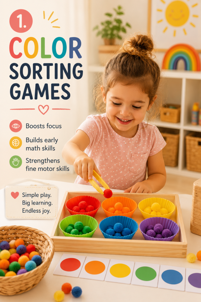 Happy preschool girl sorting colorful pom-poms into rainbow bowls during a fun educational activity in a cozy sunlit playroom.