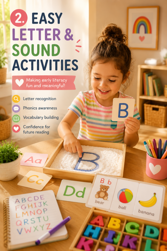 Smiling preschool girl practicing letters and phonics with flashcards and sensory writing activities in a warm and colorful learning space.