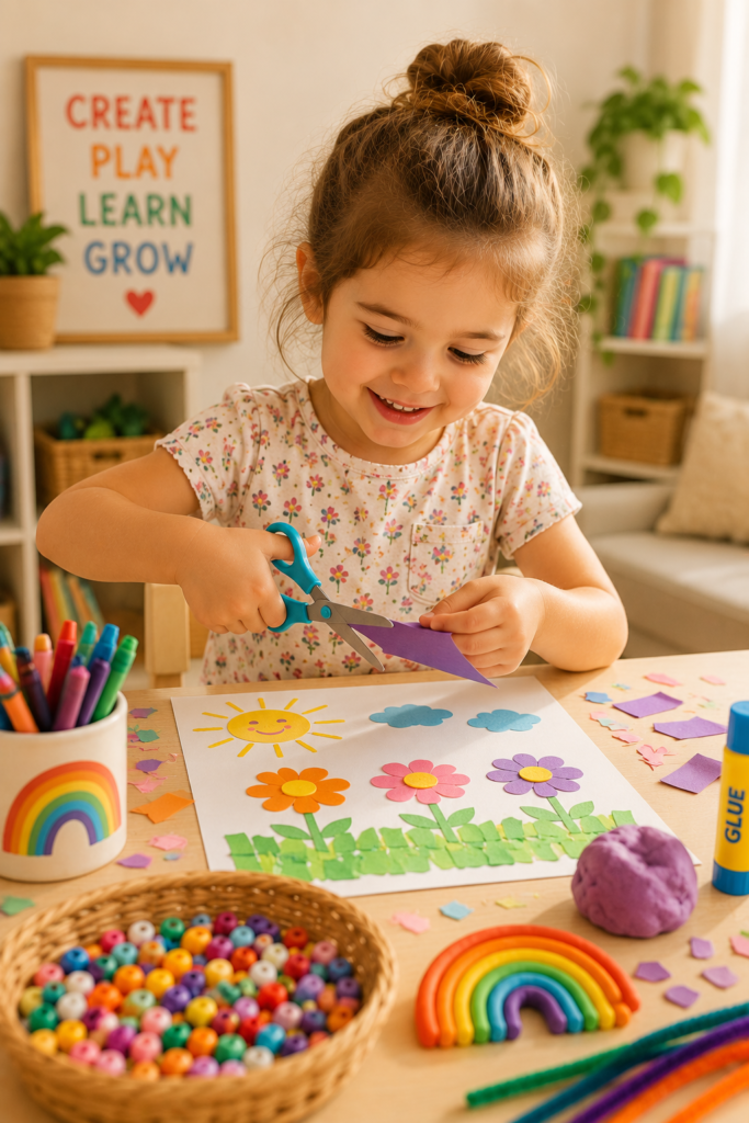 Happy preschool girl practicing fine motor skills with scissors, stickers, beads, and colorful craft supplies in a cozy creative playroom.