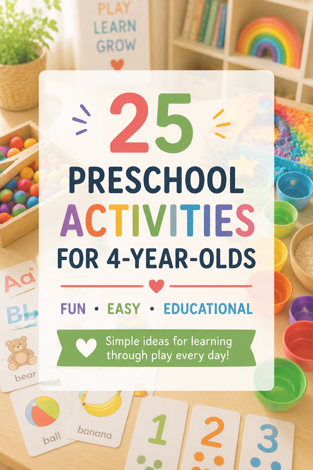 Colorful preschool learning activities setup with alphabet cards, counting games, sensory bins, and educational toys in a cozy play-based environment for 4-year-olds.