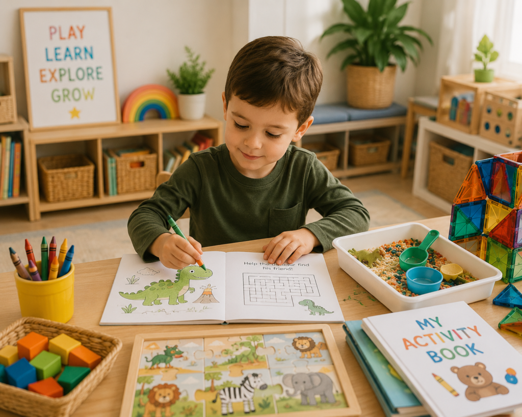 Preschool boy independently working on coloring and activity book exercises in a cozy playroom filled with educational toys and hands-on learning materials.