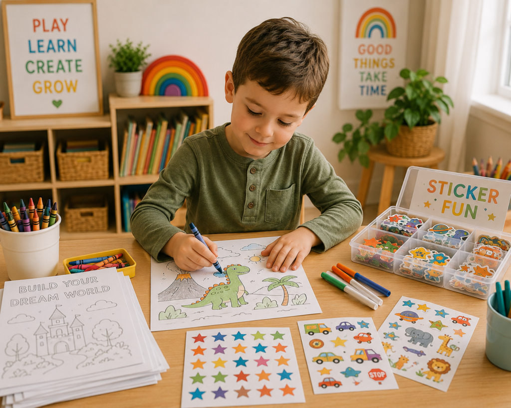 Preschool boy independently coloring dinosaur worksheets and using sticker activities at a cozy learning table filled with creative educational supplies.