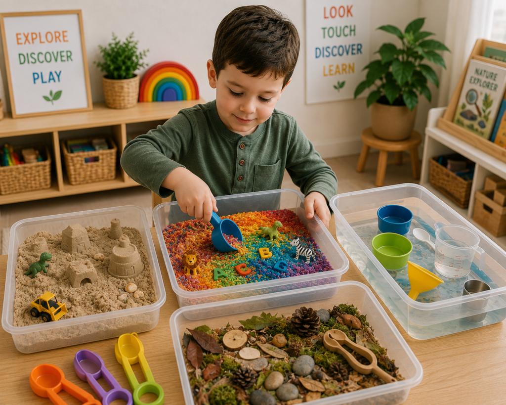Preschool boy exploring colorful sensory bins with rainbow rice, kinetic sand, water pouring tools, and nature materials in a cozy Montessori-inspired playroom.