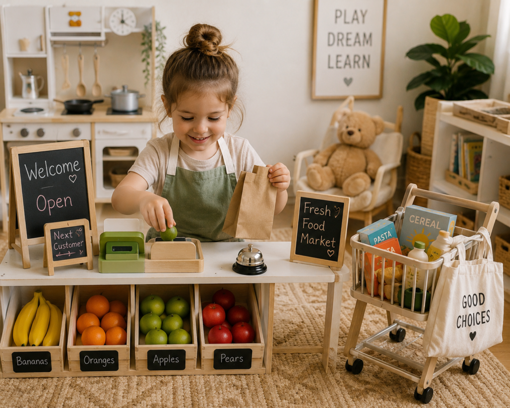 Preschool child playing independently with a pretend grocery store setup, toy food, and mini shopping cart in a cozy Montessori-style playroom.