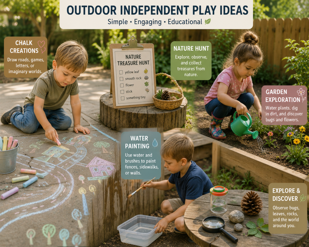Children enjoying independent outdoor preschool activities including chalk drawing, nature scavenger hunts, water painting, and garden exploration in a sunny backyard.