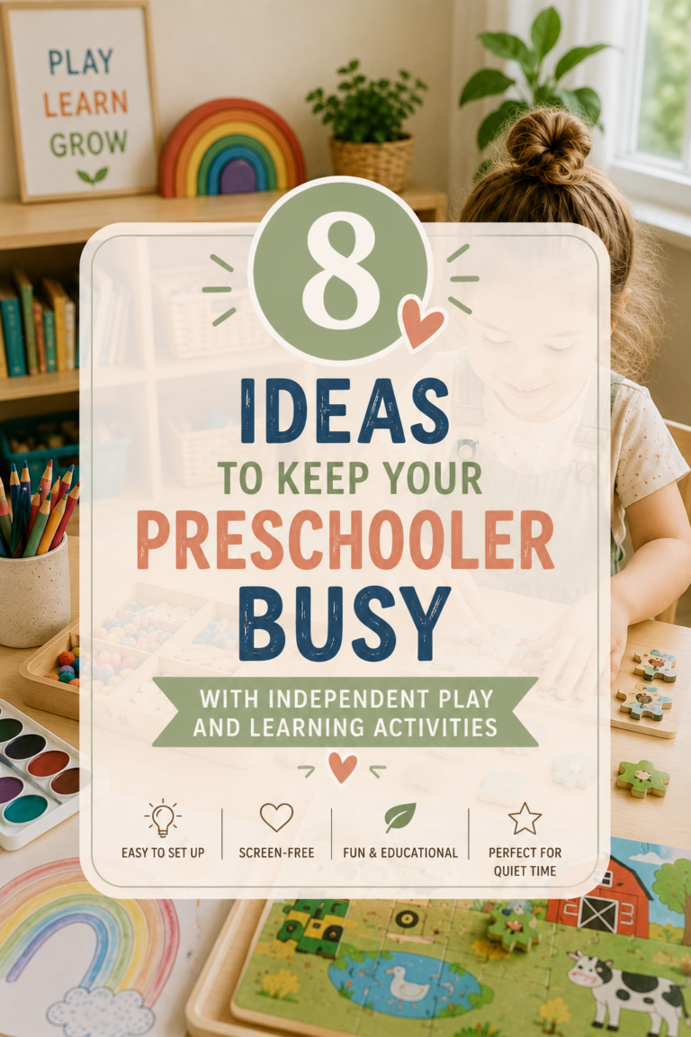 Preschool child enjoying independent play activities with puzzles, art supplies, and educational toys in a cozy Montessori-inspired learning space with text overlay about screen-free preschool ideas.