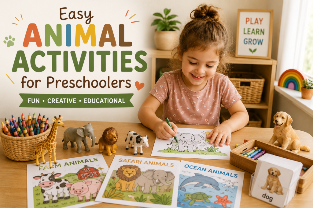 Preschool child coloring animal worksheets with safari, farm, ocean, and dog-themed educational activities in a cozy Montessori-inspired learning space.