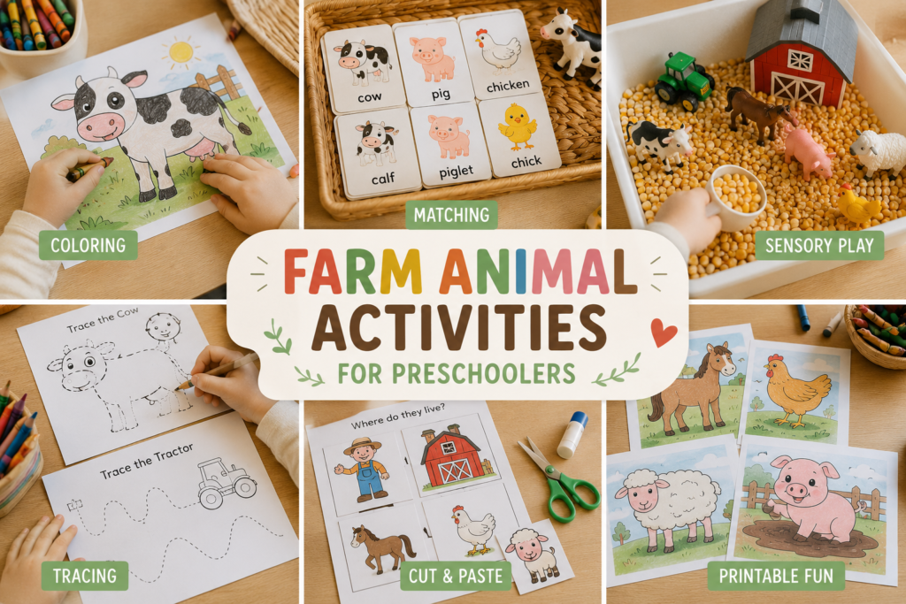 Colorful collage of farm animal preschool activities including coloring pages, matching games, tracing worksheets, sensory bins, and printable learning activities for young children.