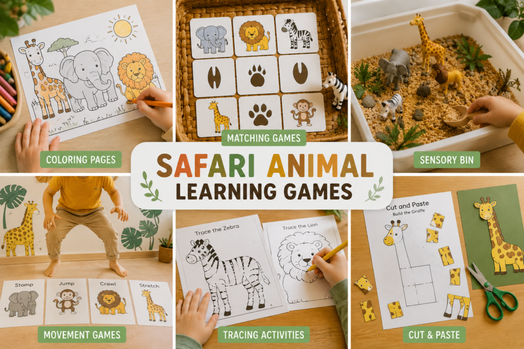 Collage-style safari animal preschool activities featuring coloring pages, matching games, sensory bins, movement activities, tracing worksheets, and cut-and-paste learning games.
