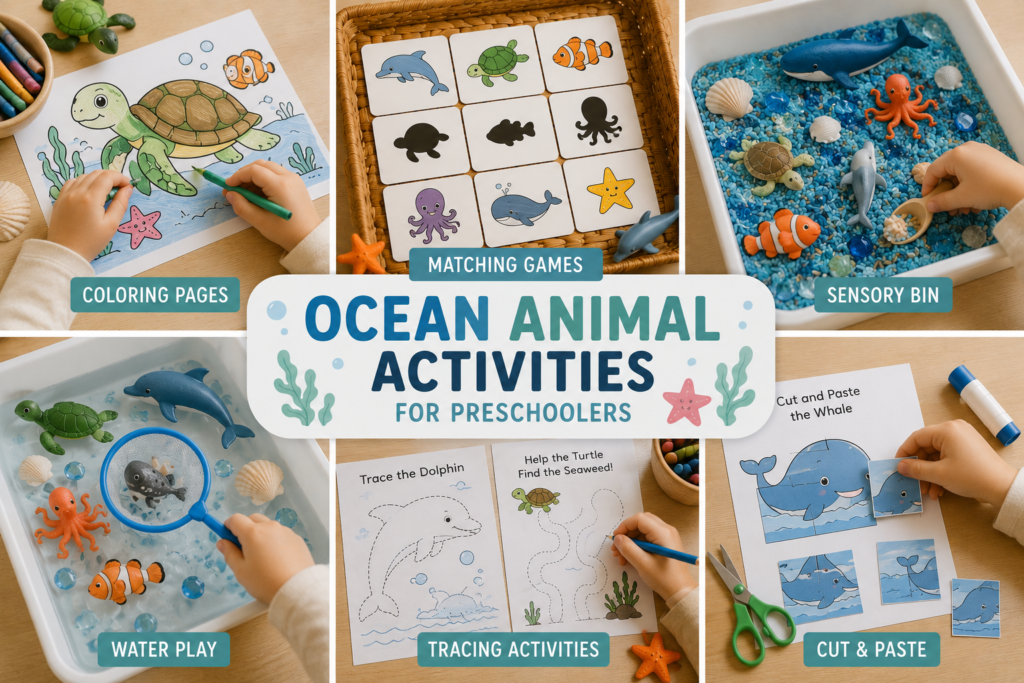 Collage-style ocean animal preschool activities featuring coloring pages, matching games, sensory bins, water play, tracing worksheets, and cut-and-paste learning activities.