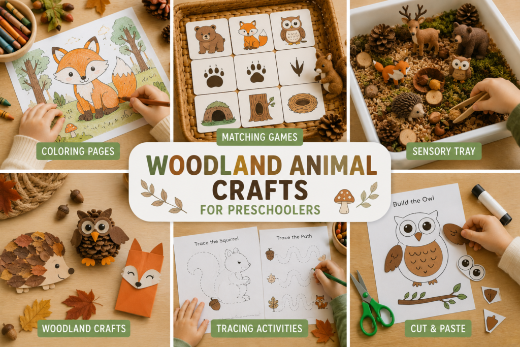 Collage-style woodland animal preschool activities featuring coloring pages, matching games, sensory trays, tracing worksheets, cut-and-paste crafts, and cozy forest-themed learning activities.