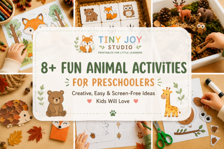 Colorful preschool animal activity cover featuring woodland crafts, matching games, tracing worksheets, sensory play, and printable learning activities with a semi-transparent title overlay.