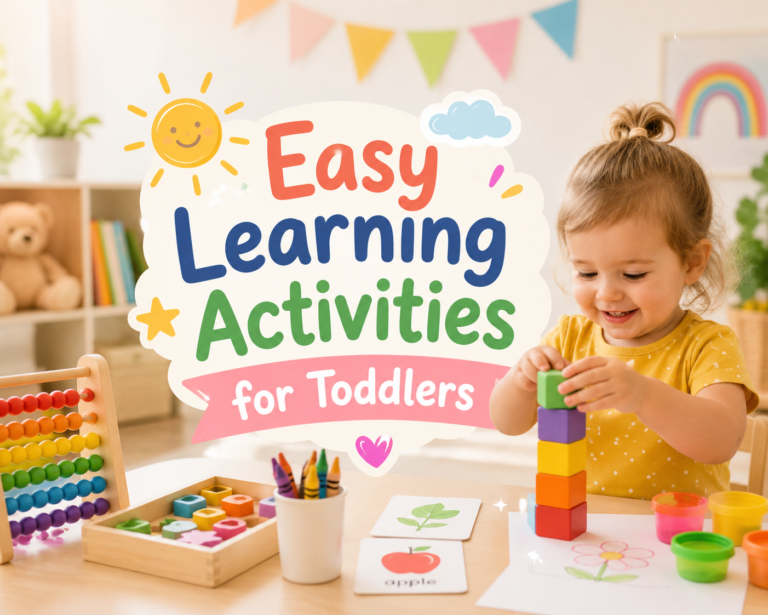 A cheerful toddler playing with colorful stacking blocks at a learning table surrounded by educational toys, crayons, and flashcards in a bright playroom. Large playful text in the center reads “Easy Learning Activities for Toddlers” with cute pastel illustrations like a smiling sun, stars, and clouds.
