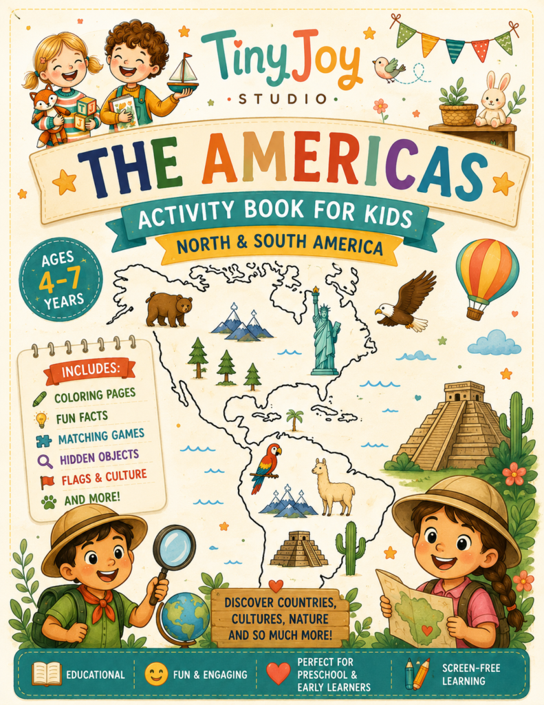 Colorful mini travel adventure worksheet for kids featuring passports, maps, food matching, crafts, and fun geography activities about Japan.