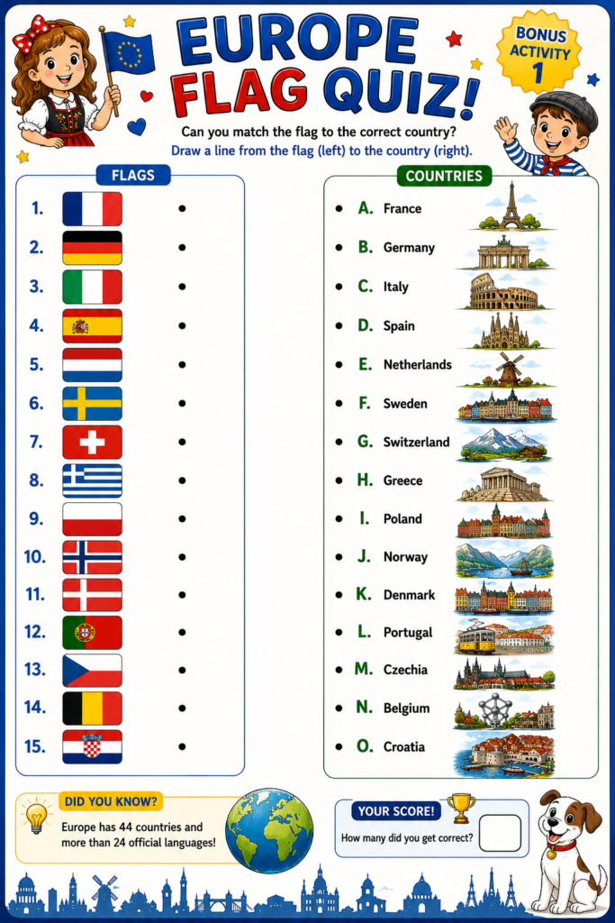 Colorful Europe flag matching worksheet for kids featuring country flags, famous landmarks, and educational geography activities for preschool and elementary learners.