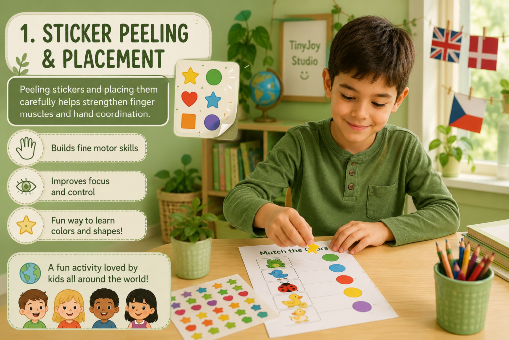 Preschool boy doing sticker peeling and placement activity in a green learning room with colorful shape stickers and fine motor practice worksheet.
