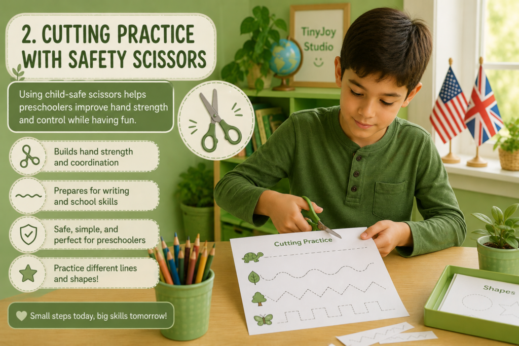 Young boy practicing cutting skills with child-safe scissors in a cozy green classroom during preschool fine motor activity time.