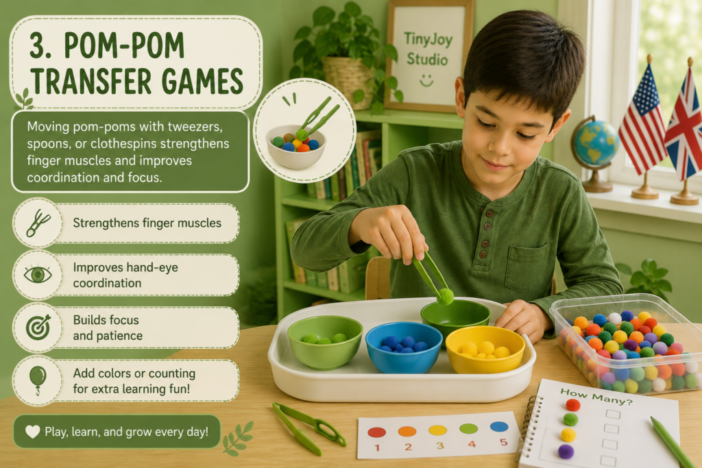 Preschool child using tweezers to transfer colorful pom-poms between bowls in a fun fine motor learning activity.