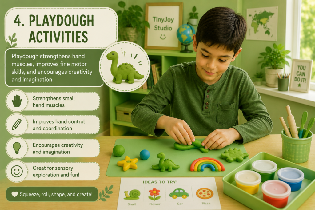 Boy creating shapes with playdough in a green-themed learning space during creative preschool sensory play activity.