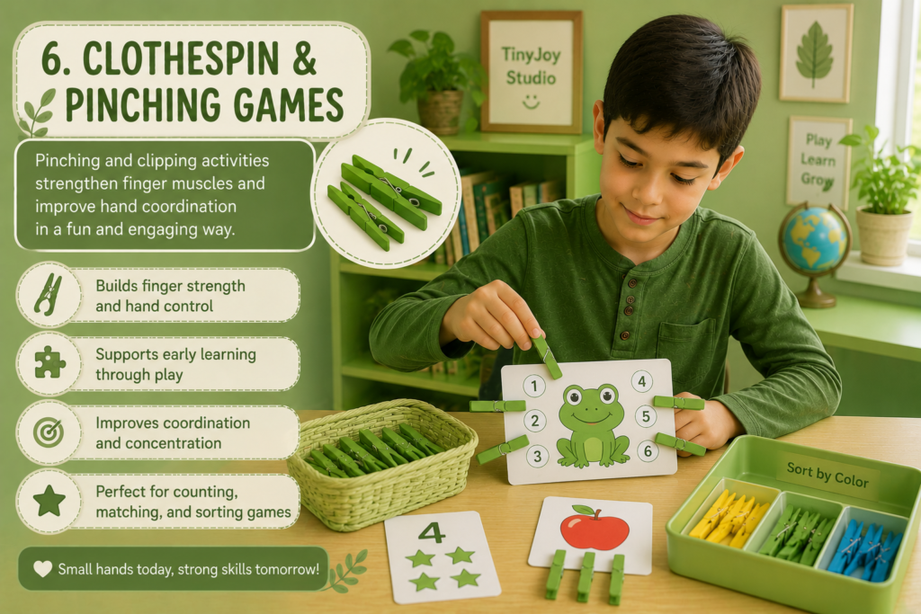 Child playing clothespin and pinching games with counting cards and colorful clips to build fine motor skills.