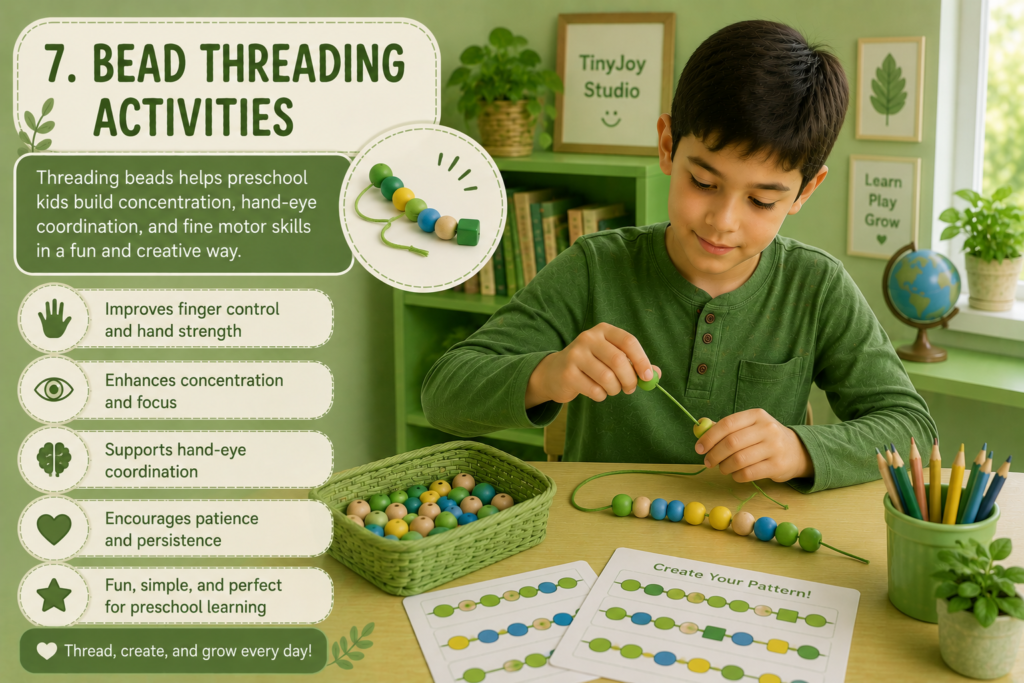 Preschool boy threading colorful beads onto a string in a calming green classroom for hand-eye coordination practice