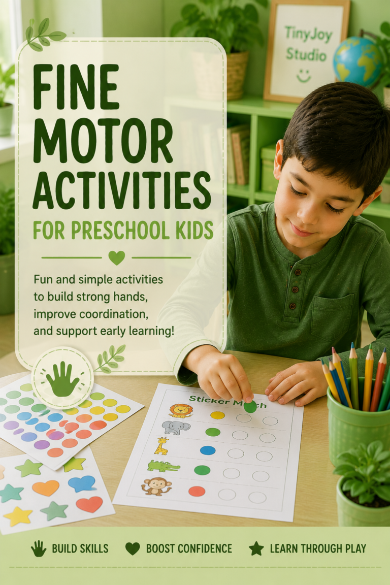 Fine motor activities for preschool kids cover image with a young boy using colorful stickers and learning worksheets in a green classroom setting.