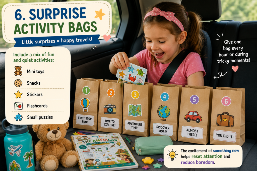Happy child opening surprise activity bags during a family road trip with travel-friendly learning games and toys